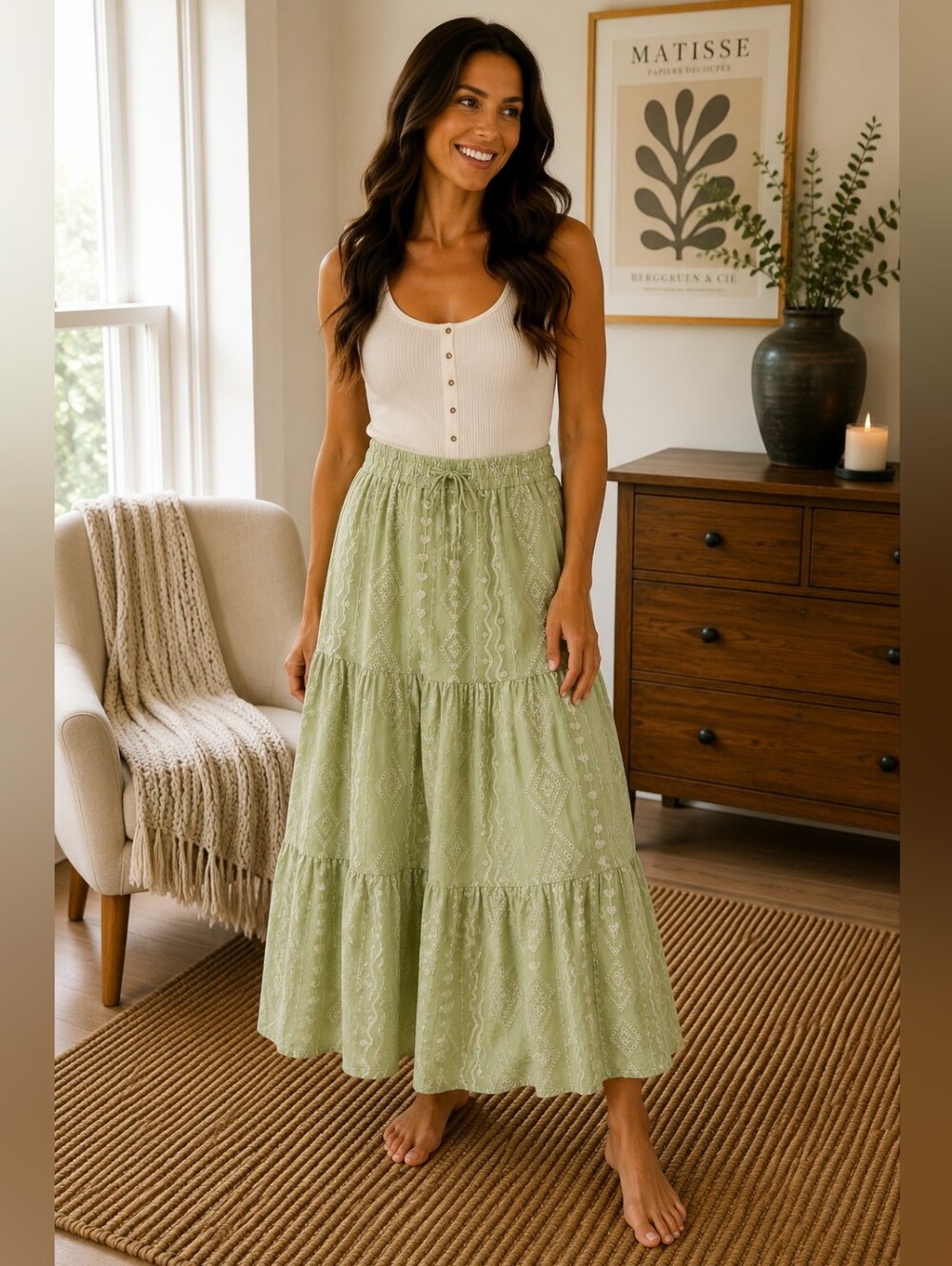 Ana & Rose Sage Green Embroidered Tiered Maxi Skirt Size Small
